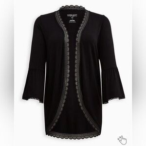 Torrid Black Super Soft Cardigan Lace Trim Ruffle Sleeve Size 3X (22/24)
